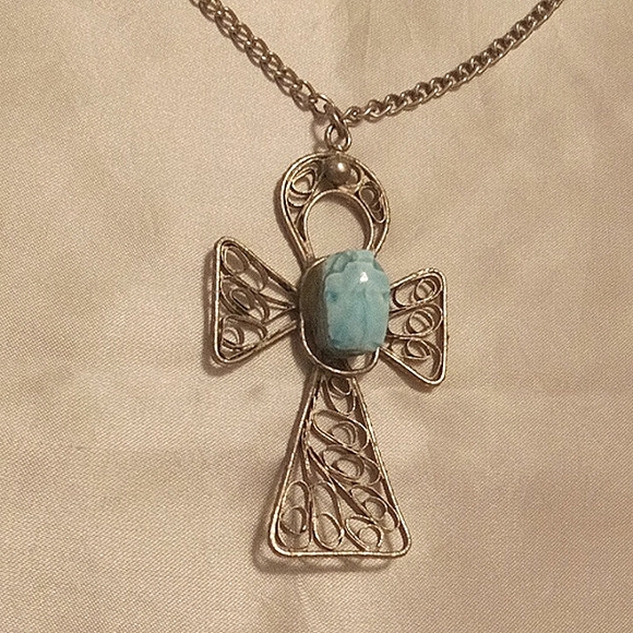 Angel Cross Pendant!  Large Turquoise Stone in Filigree Pewter Cross! 👼✝️ - Picture 5 of 6